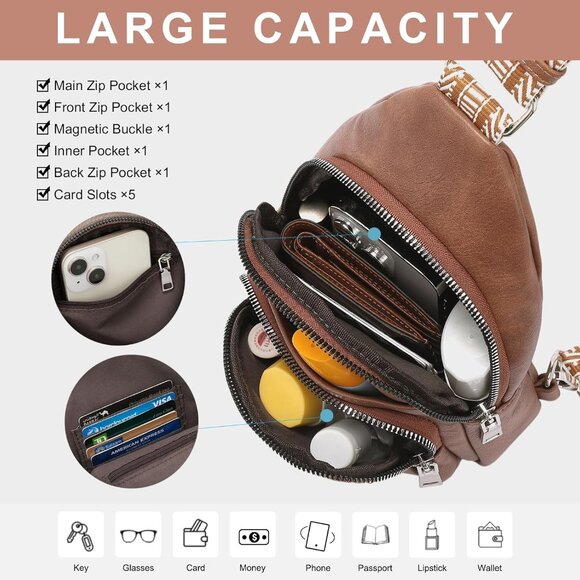? Women Brown Leather Fanny Pack Small Vegan Chest Guitar Strap Crossbody Bag main image 6